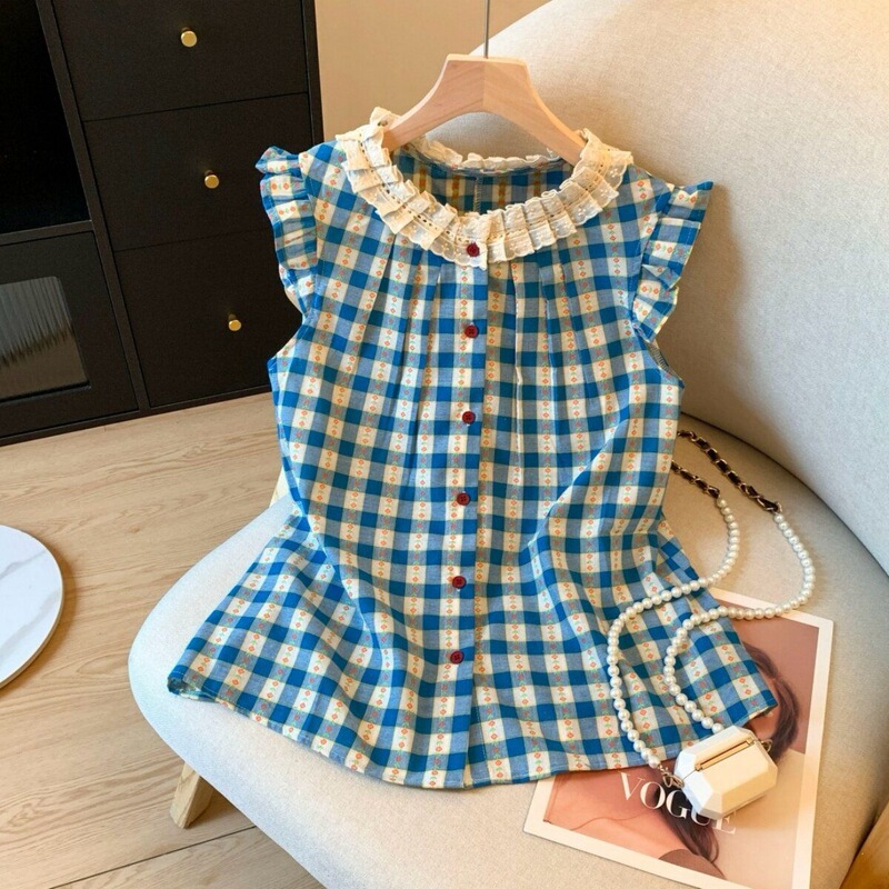 Summer French-Style Flutter-Sleeve Plaid Vest Top, Korean-Style Sweet and Cute Floral Lace Patchwork Tank Shirt for Women