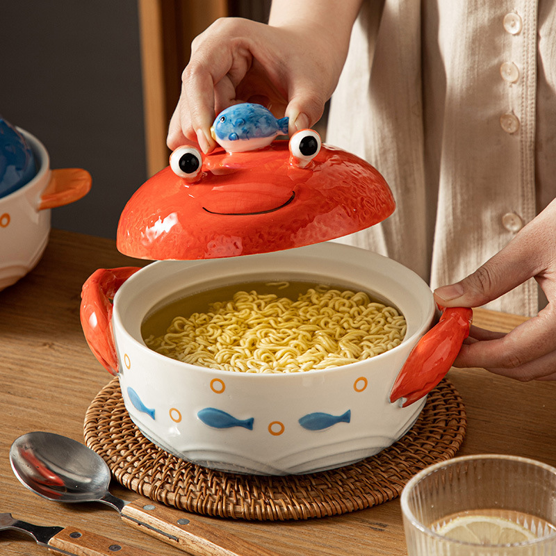 蓋付きクリエイティブオーシャン食器セラミックインスタントラーメンボウル携帯電話ホルダー両耳インスタントラーメンボウル学生寮食事ボウル|undefined