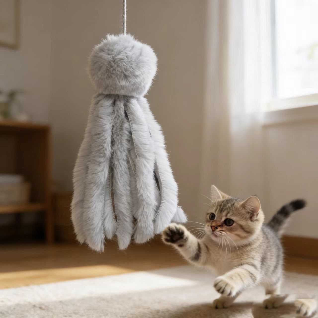跨境逗猫棒仿兔毛章鱼替换头虫瘿果猫玩具逗猫羽毛毛球替换头皮毛