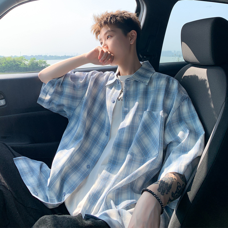 American Retro Plaid Short-sleeve Shirt For Men, Summer Loose Shirt, Casual And Trendy Half-sleeve Top_voghion.com
