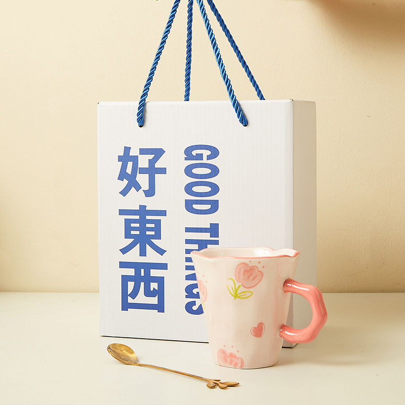 Creativa mano pequeña taza de tulipán fresca taza de cerámica flor pintada a mano taza de oficina caja de regalo taza de café y leche