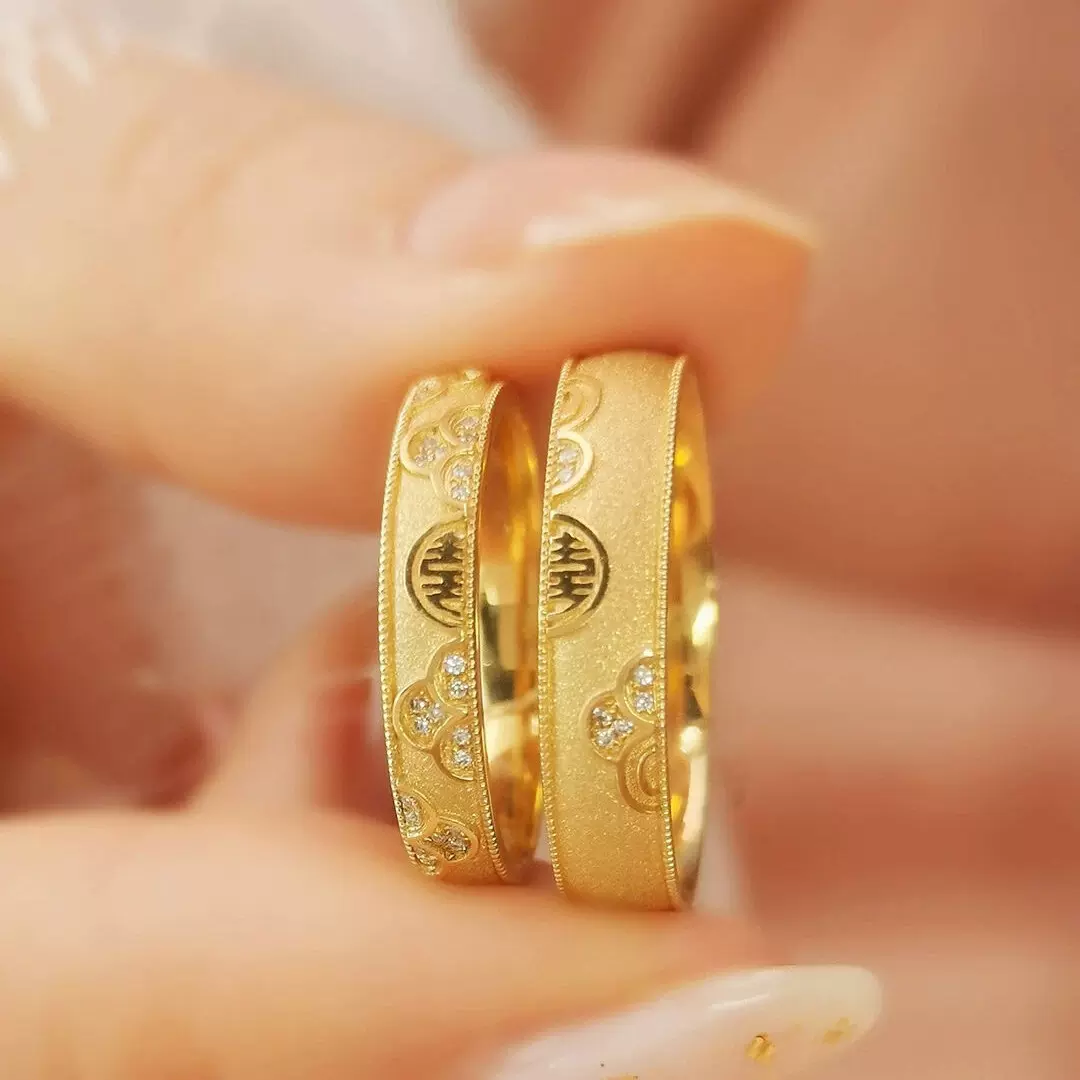 古法双喜情侣戒指一对小红书同款传承喜字对戒金色开口可调节批发