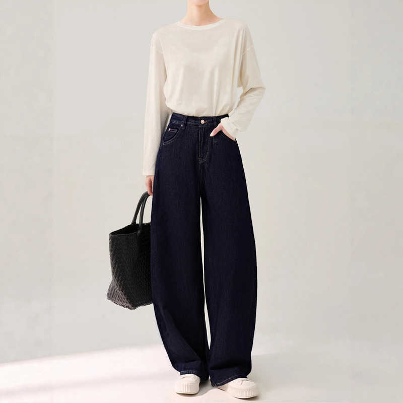 Denim Blue Loose Wide-Leg Jeans for Women, 2026 Autumn and Winter, Fleece-Lined, Drapey, Casual, Relaxed Fit, Curved Hem Pants Denim Blue Loose Wide-Leg Jeans for Women, 2026 Autumn and Winter, Fleece-Lined, Drapey, Casual, Relaxed Fit, Curved Hem Pants