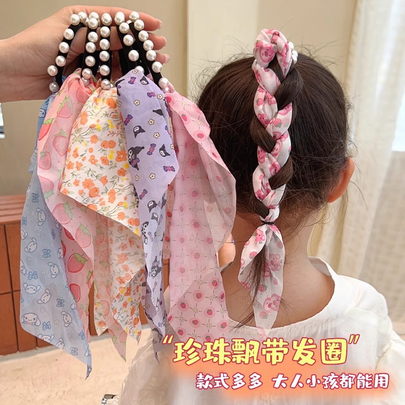 Niñas Kulomi dibujos animados flores de perlas anillo de cabello para niños cuerdas de cabello dulce trenzado cinta de elasticidad
