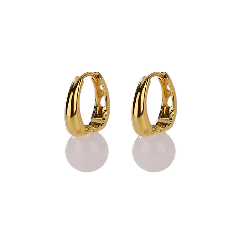 Bông tai bạc S925 mạ vàng đính đá jasper trắng hình trái tim rỗng — Kiểu ngọc trắng