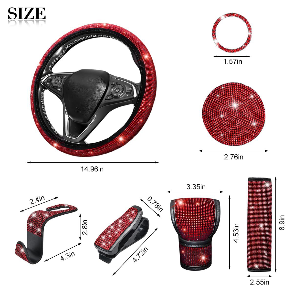 11-Piece Car Interior Set with Diamond-Encrusted Steering Wheel Cover, Car Hook, Glasses Holder, One-Touch Start Ring
