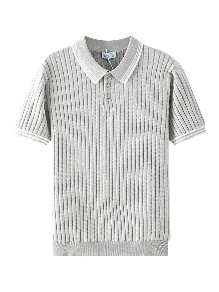 Verano Europa y América transfronterizos hombre collar de contraste vertical rayas de hielo polo camisa transpirable de mangas cortas de negocios ropa casual para hombres