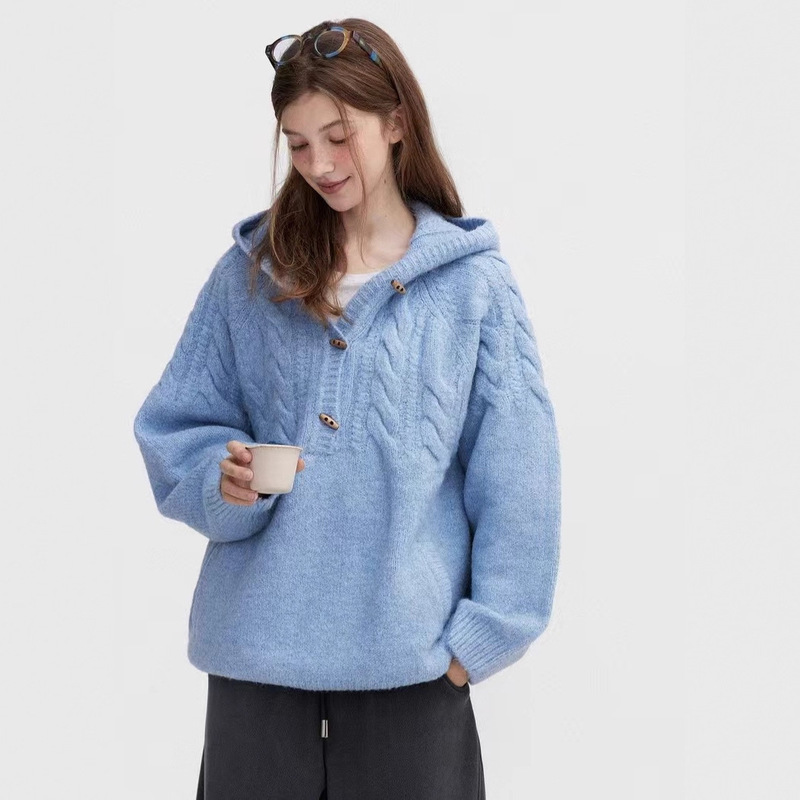 Scandinavian Nordic Retro Wool Fluffy Cable Half Placket Horn Button Hooded Sweater for Women Scandinavian Nordic Retro Wool Fluffy Cable Half Placket Horn Button Hooded Sweater for Women