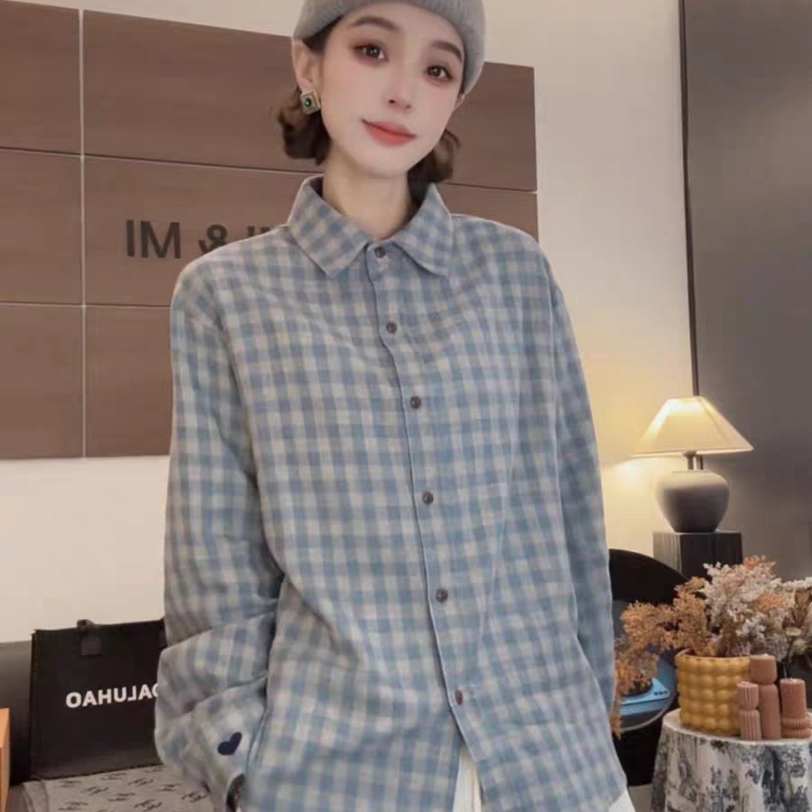 韩系翻领磨毛格子衬衫女2025秋冬新款宽松休闲百搭加厚叠穿衬衣潮