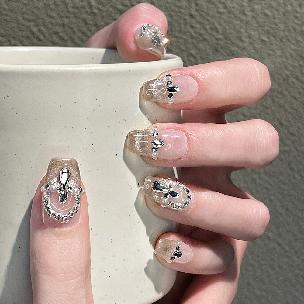 Unidad de uñas de polvo de brillo francés 10 piezas de parche de uñas de fototerapia de código decimal, uñas de ojo de gato hechas a mano