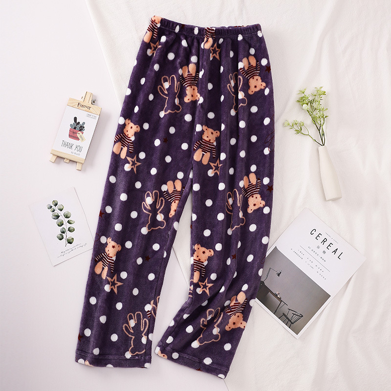 Pantalones de pijama para mujer de otoño e invierno, pantalones largos de franela, ropa de estar de forro polar coral, venta al por mayor de una sola pieza, ropa de casa cálida y dulce.