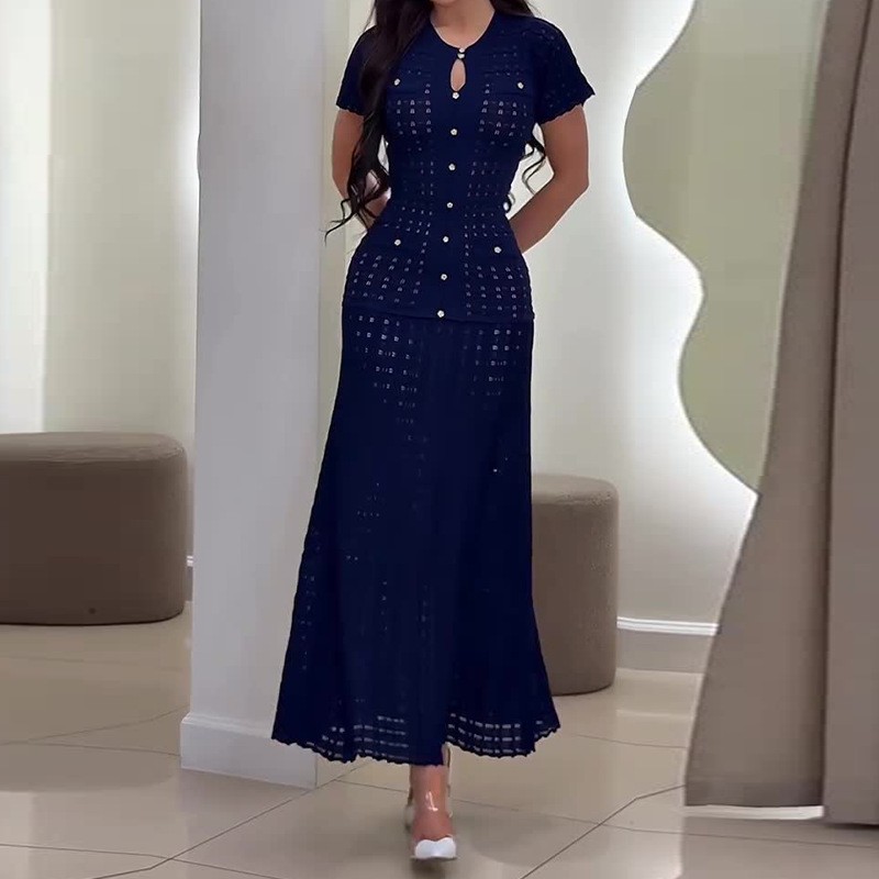 Elegant Hollow-Out Women's Sleeveless Dress Slim Fit Summer round Neck Mid-Length Hemline_ecoleips.com