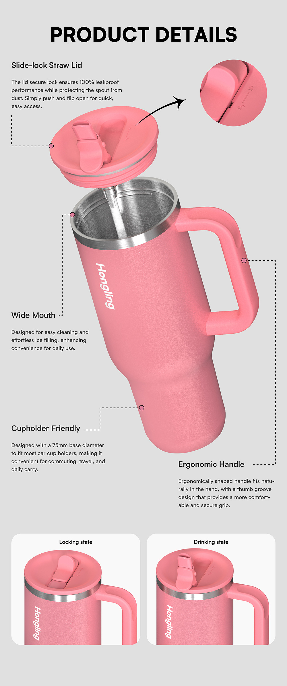 Large 40oz Insulated Stainless Steel Water Bottle With Push-lid_voghion.com