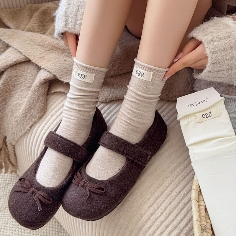 秋冬款袜子女纯棉韩系egg布标纯色潮袜卷边松口中筒袜无骨堆堆袜|undefined