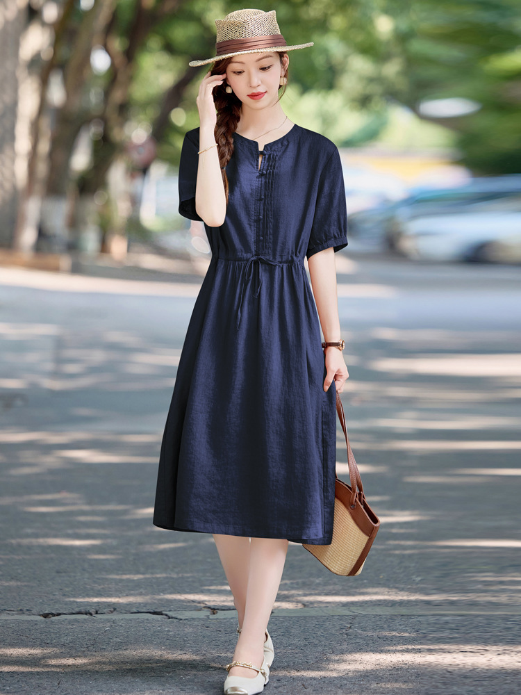 Đầm maxi nữ thắt eo cotton linen 2025 form rộng thanh lịch — màu sắc, Xanh lông mòng đen