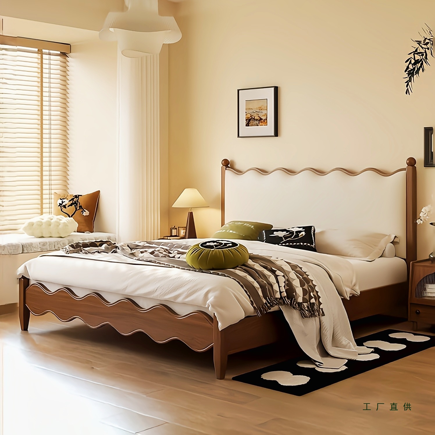 现代简约新款实木床小户型软包床民宿主卧中古风软包波浪涟漪床