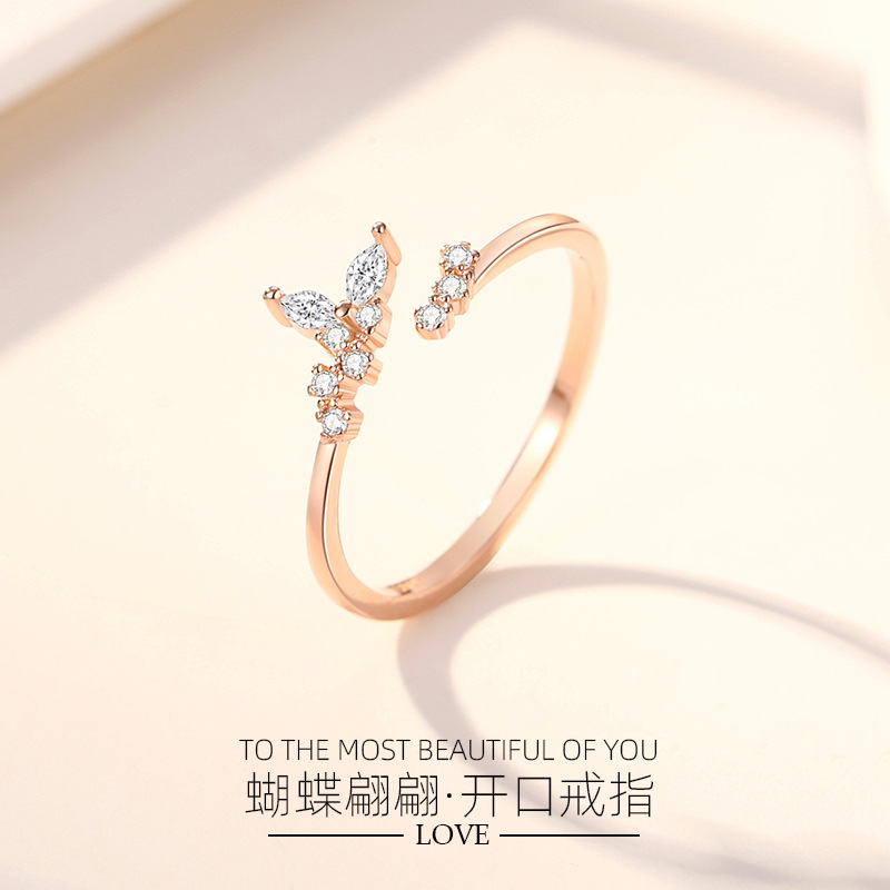 Anillo de estilo coreano de nicho de temperamento anillo de dedo índice de moda abierto anillo de mujer estilo ins plata S925 anillo de mariposa diamante femenino