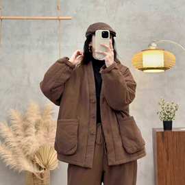 2025冬季新款文艺复古亚麻棉服女V领夹棉短款宽松棉衣外套