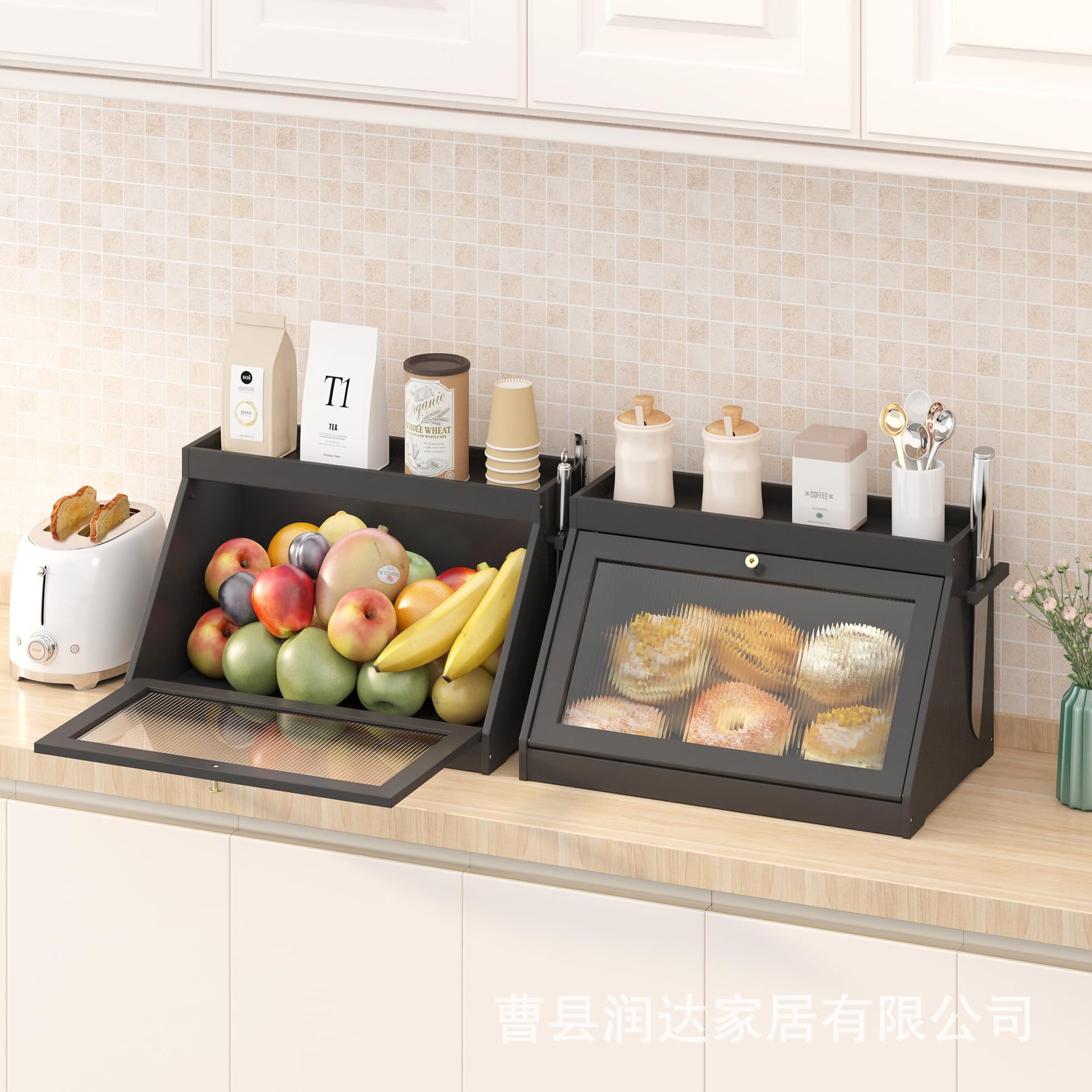 Wooden Bread Box, Household Double-Layer Spice Rack, Flip-Top Food Storage Box, Kitchen Countertop Dessert Storage Cabinet