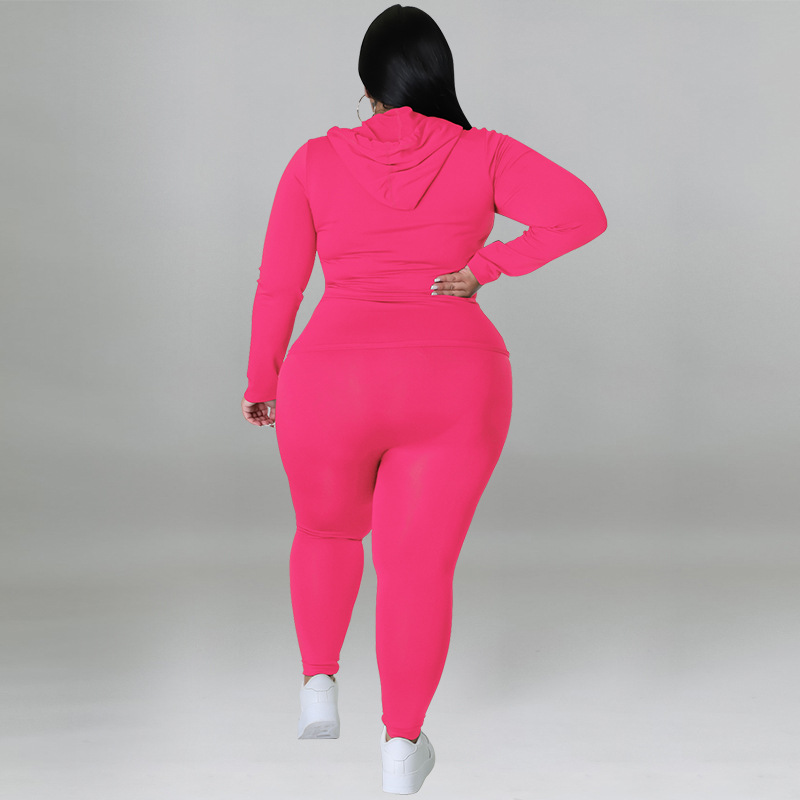 Plus Size Women's Clothing Solid Color Hooded Long Sleeve Fashion Casual Set Autumn Wear_ecoleips.com