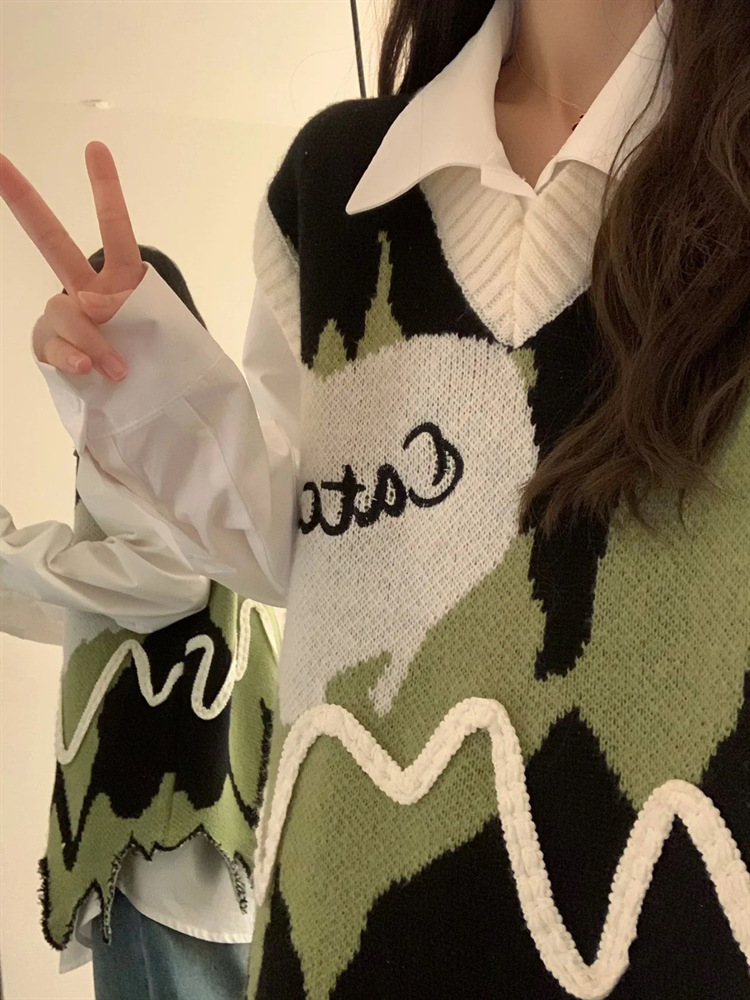 Otoño nuevo chaleco de punto para las mujeres sueltan dulce estilo La Universidad irregular onda jacquard suéter primavera y otoño image 4