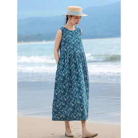 2026夏新款亚麻印花连衣裙文艺宽松显瘦大摆裙减龄碎花无袖背心裙