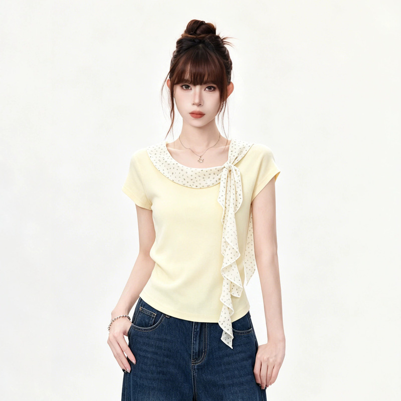 Jiyou Polka Dot Tie Neck Short Sleeve T-Shirt for Women, Summer New Design, Slim Fit, Ruched Waist, Regular Shoulder Top