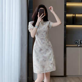 金线绣花旗袍裙2024夏季新款收腰显瘦气质优雅连衣裙女