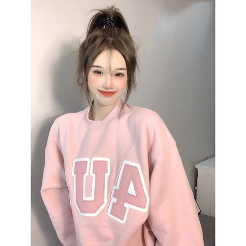 American Retro Style 4US Fleece Lined Thick Sweatshirt with Letter Print Personalized Sweet & Salty Colorway Loose Round Neck Sweatshirt for Women