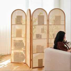 日式藤编屏风隔断客厅实木折叠可移动小户型遮挡入户简约杂志书架