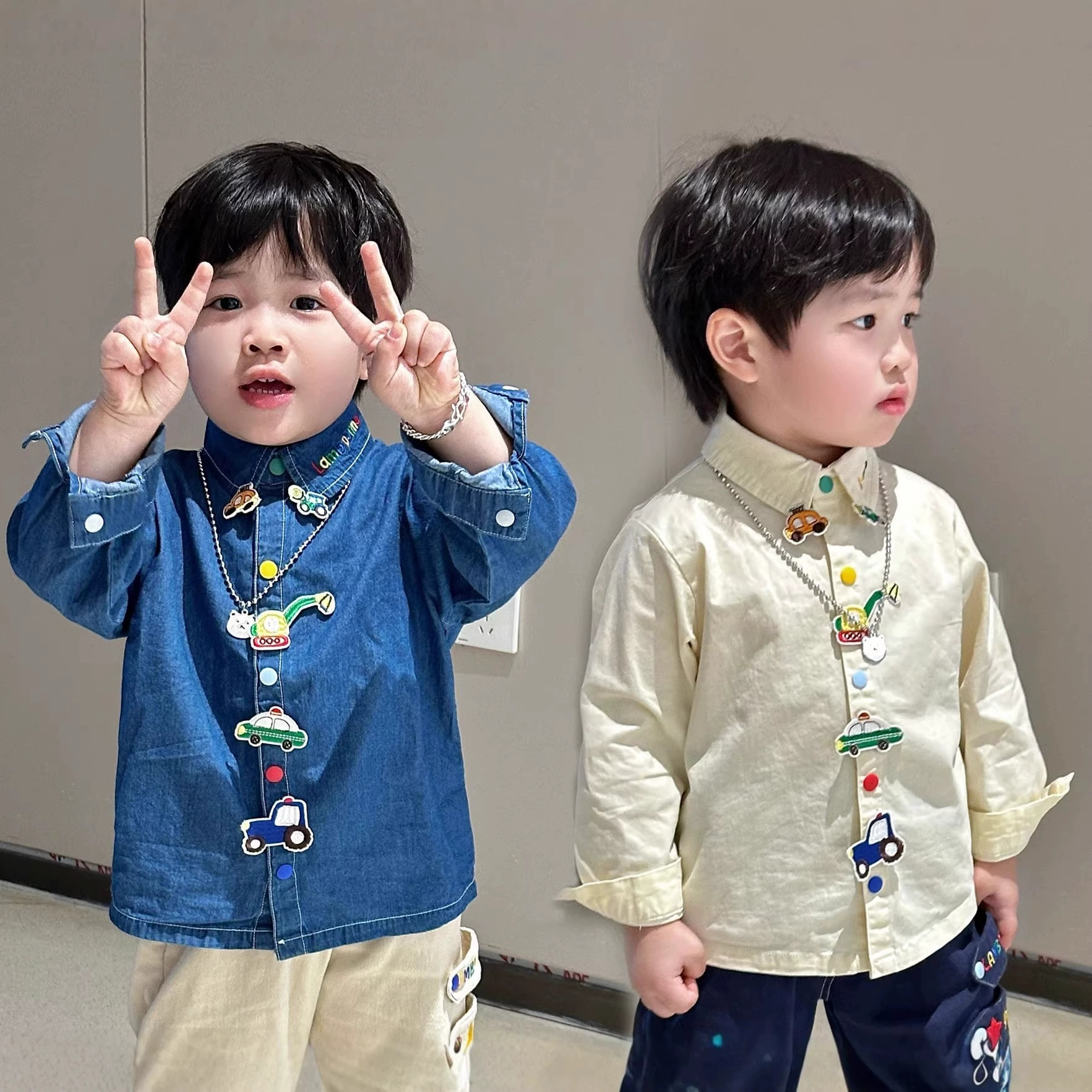 Детские рубашки для мальчиков, весна 2026, новинка в наличии, с мультяшной вышивкой, с длинным рукавом, для малышей и детей младшего возраста.