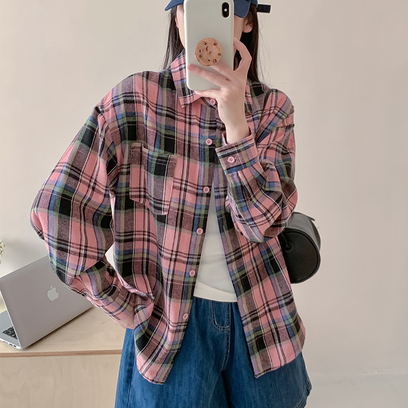 Spring and Autumn American Plaid Shirt Women's New Hong Kong Style Retro Trendy Loose Fashion Plaid Long Sleeve Shirt Design Sense