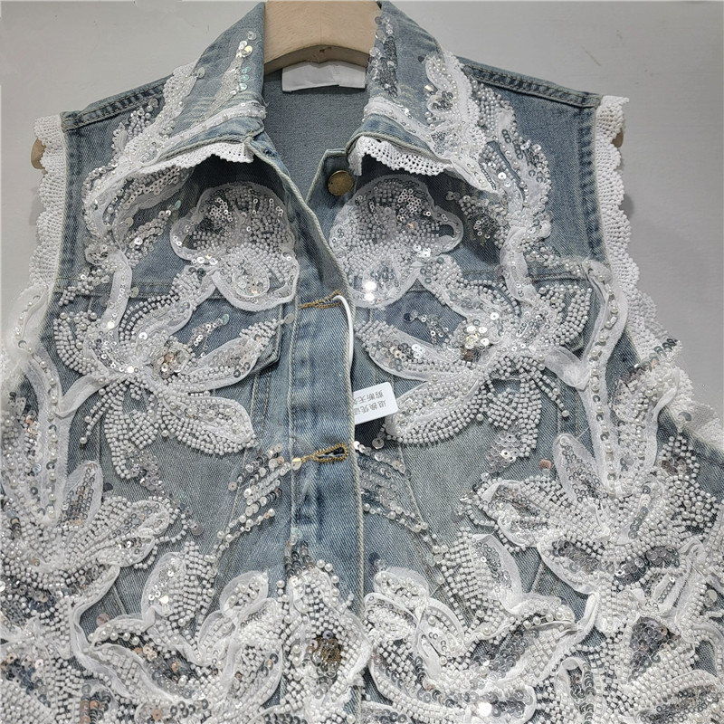Estación europea 2026 principios de verano nueva industria pesada sequinilla perlas de clavos flores sin mangas chaleco de vaqueros de mujer abrigo corto