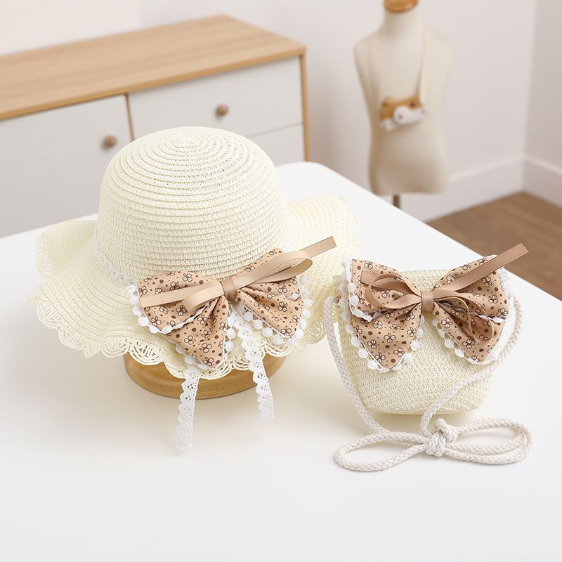 Dotted streamer bow wavy edge hat-milk white