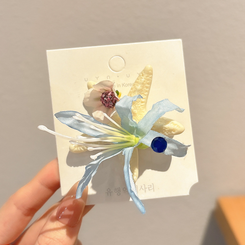 Tela con incrustaciones de diamantes, flor, estrella de mar, horquilla, nuevo estilo de vacaciones junto al mar, clip de pico de pato fresco, clip lateral dulce, accesorios para el cabello