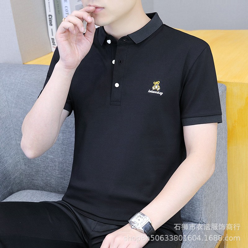 Camiseta casual bordada de verano de manga corta para hombres Camiseta POLO de solapa de negocios Camisa de fondo hermosa de tendencia de algodón puro para hombres delgada