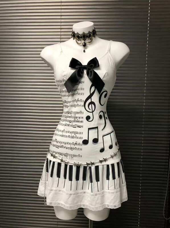 Black and White Musical Note Piano Key Strap Dress for Women, New Summer Style, Waist-Cinching, Slimming, Lace-Trimmed Y2K Spicy Girl Short Dress