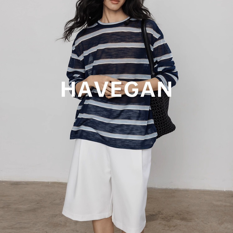 Havegan/Summer Round Neck Stripesd Thin Sun Protection Blouse for Women 2025 New Long-Sleeved Lazy Top