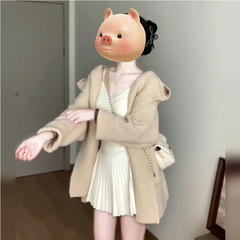 Korean style retro relaxed loose hooded knitted cardigan, warm and gentle style, thick coat top for women