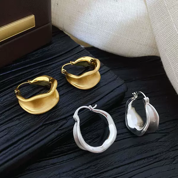 Copper Gold-Plated Irregular Matte Brushed Earrings with a High-End Feel, New European and American Style Hoop Ear Accessories
