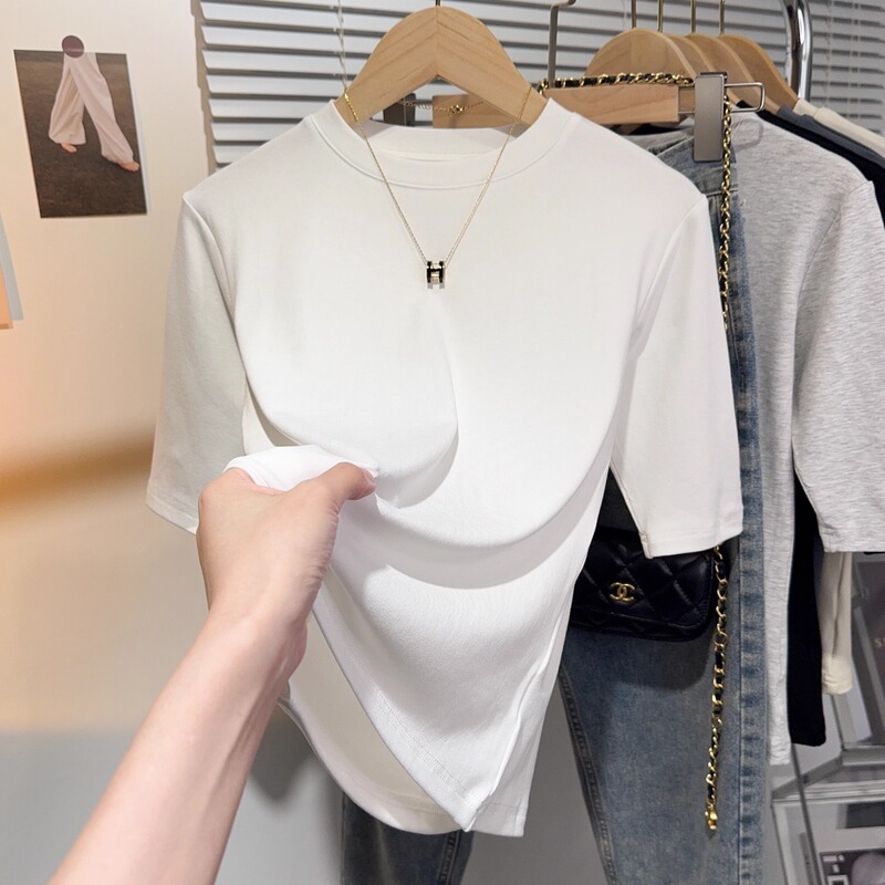 モーダル黒正肩中袖tシャツ女性夏春ねじ半袖丸襟修身五分袖底上着|undefined