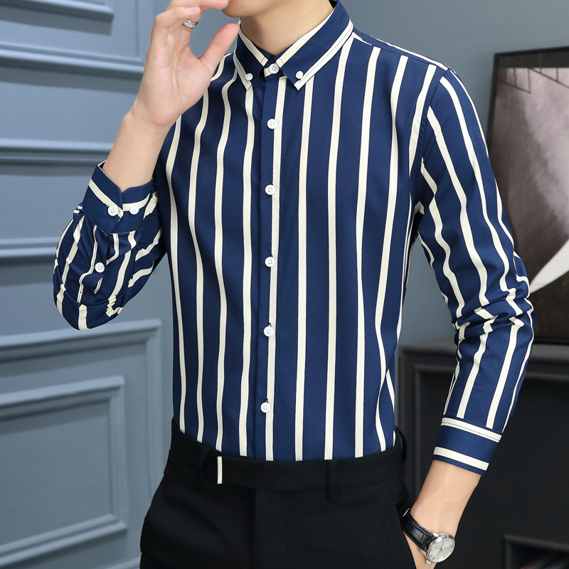 Spring Long-Sleeved Shirt for Men, Fashionable Striped Shirt for Young People, Korean Style High-End Business Workwear, Casual Top