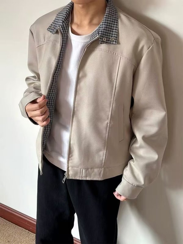 工装假两件夹克男士秋冬新款痞帅高级感潮男百搭格子拼接翻领外套|undefined