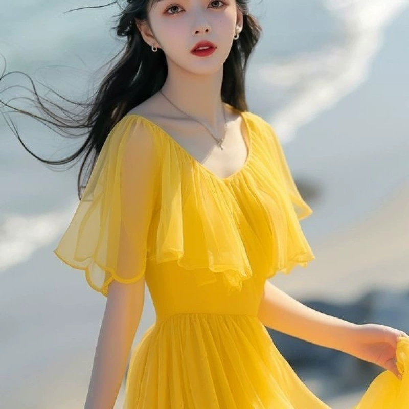 Французское желтое элегантное платье для отдыха лето 2025, юбка, новинка, пляжное, тонкая талия, стиль