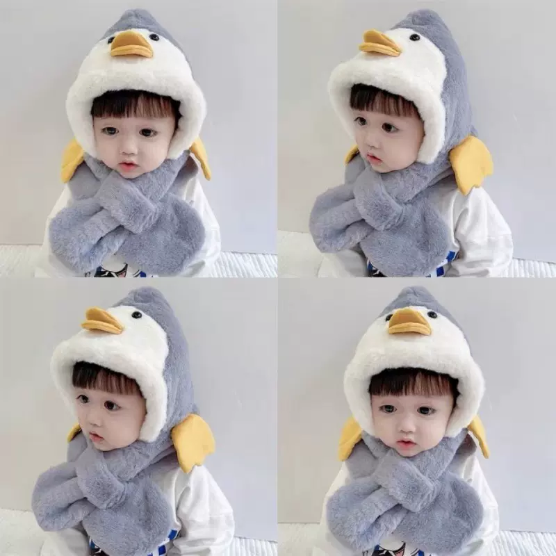 秋冬儿童围巾一体宝宝毛绒可爱超萌男女童围脖护耳加绒加厚婴儿帽