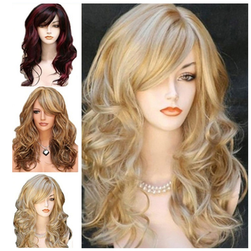 Foreign trade European and American wigs for fashionable women, gradient golden long curly hair cosplay wigs, black to burgundy wigs