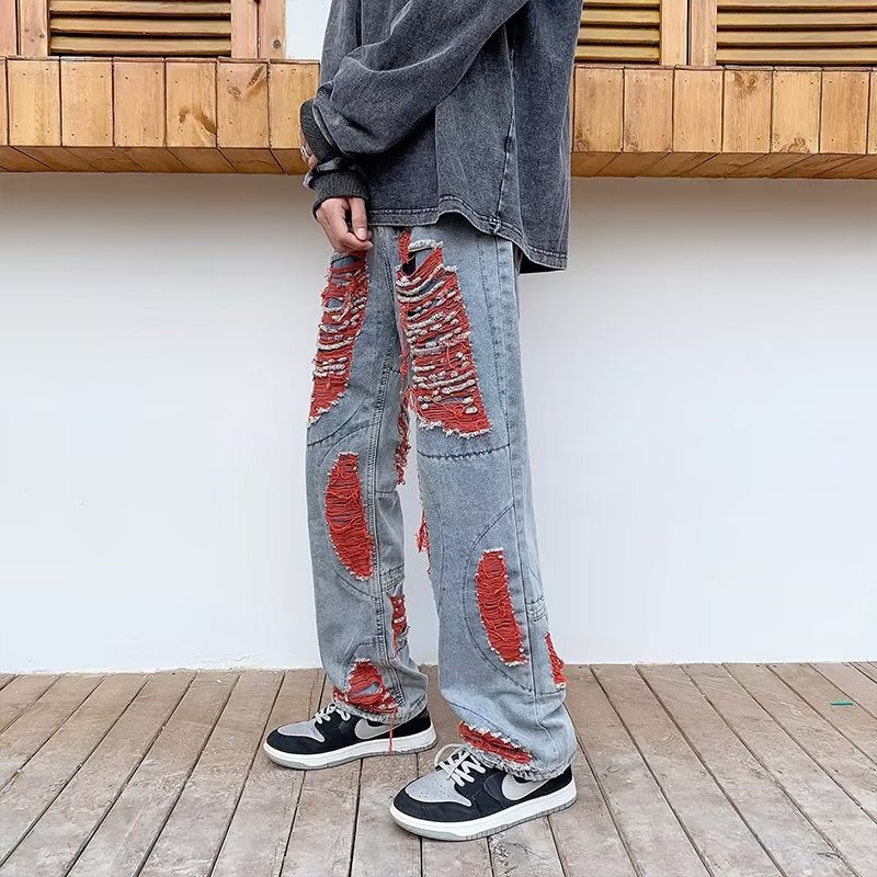 Street Trendy Brand Pants with Ripped Straight Pants American Style High Street Men's oversize Trendy Denim Pants