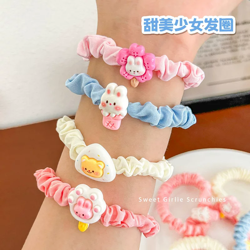 Hair Scrunchie (Cute) with Bear Charm, Soft Fabric Elastic, 7 cm Diameter