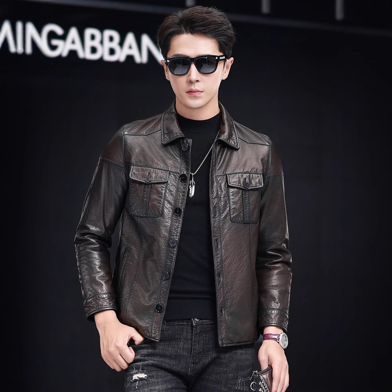 New Haining Genuine Leather Men's Fashionable Shirt Top Layer Cowhide Motorcycle Pure Leather Jacket Retro Handsome Jacket