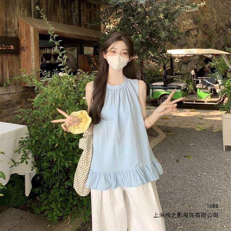 Dopamine Yellow Sleeveless Vest Shirt for Women, Summer French-Style Ruffled Youthful Loose Sweet Babydoll Top